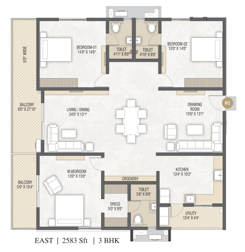 3 BHK — East Facing, 2,583 Sft