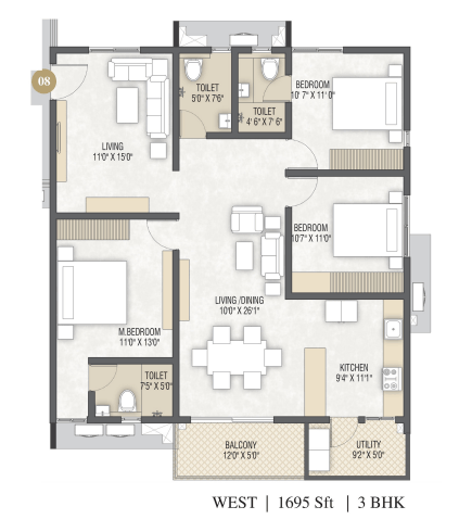 3 BHK — West Facing, 1,695 Sft