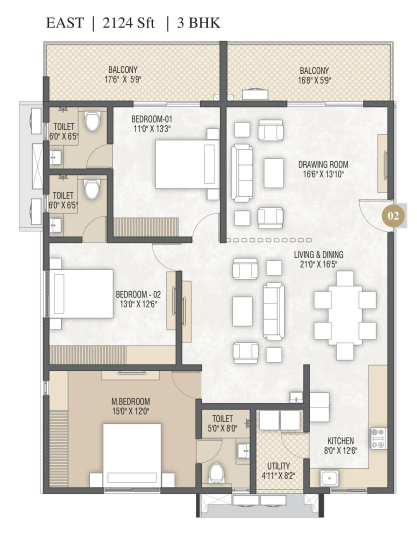 3 BHK — East Facing, 2,124 Sft