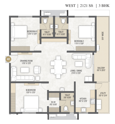 3 BHK — West Facing, 2,121 Sft
